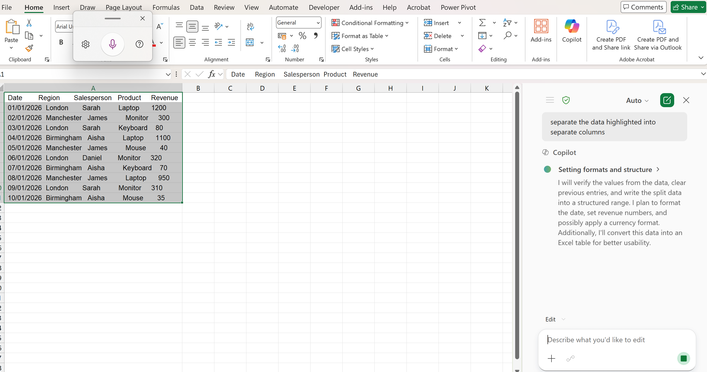 Data pasted into one column in Excel