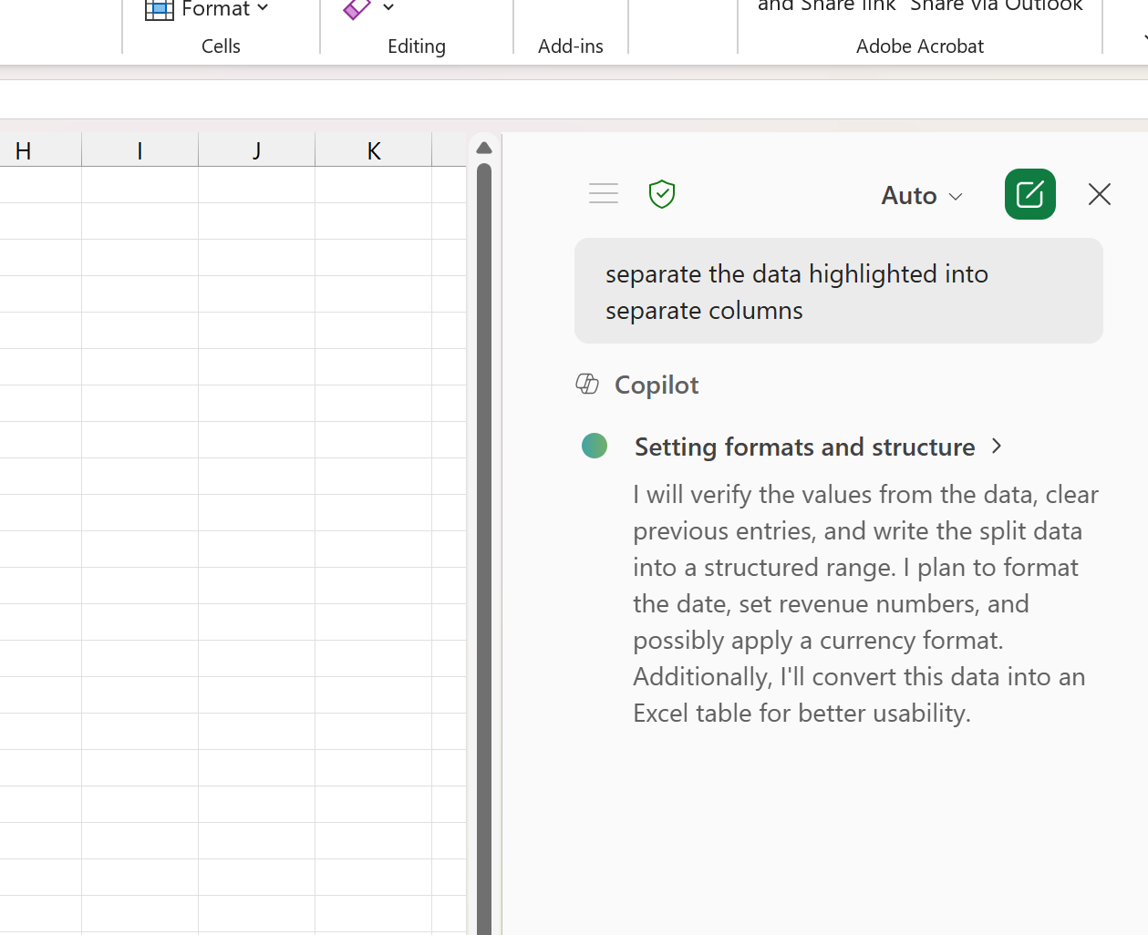 Using Copilot to separate data into columns in Excel