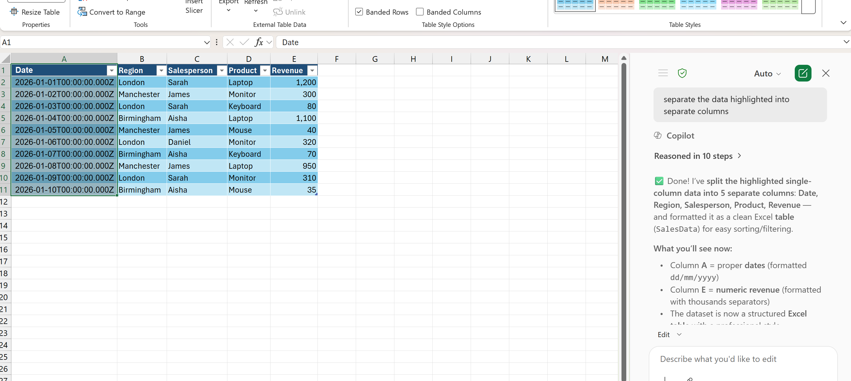 Data correctly separated into columns using Copilot in Excel